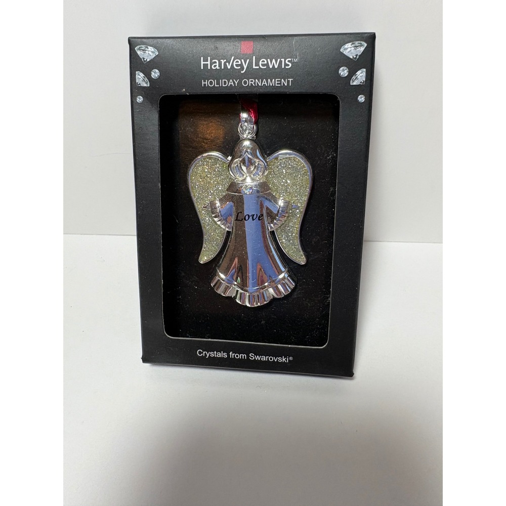 Harvey Lewis Angel Holiday Ornament Silver Tone Love Swarovski Crystal Glitter
